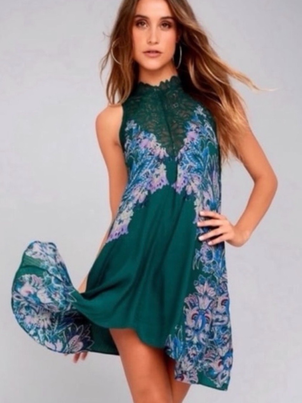 Free People Intimately Green Marsha Lace Detail Smocked Mini Dress, Size XS
